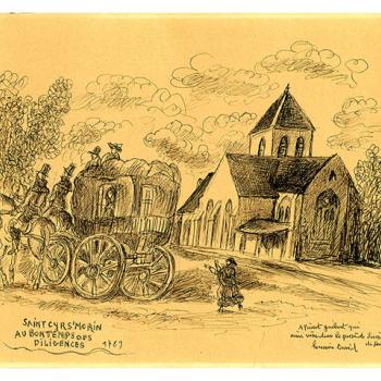 Dessin d'Hermine David au stylo bille sur papier jaune, représentant une diligence  arrêtée devant l'église de Saint-Cyr-sur-Morin