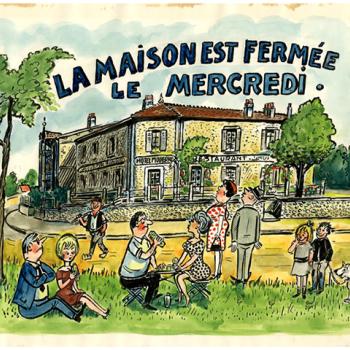 Dessin à l'encre et à la gouache représentant l'hôtel Moderne, futur Musée de la Seine-et-Marne, légendé "La maison est fermée le mercredi". Au 1er plan, des personnes pique-niquent dans l'herbe.