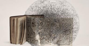 Reproduction d'une oeuvre de Bertrand Flachot, représentant un livre ancien ouvert d'où s'échappent des feuillages  contenus dans un cercle