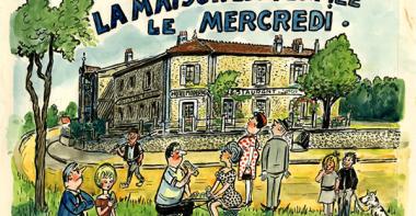 Dessin à l'encre et à la gouache représentant l'hôtel Moderne, futur Musée de la Seine-et-Marne, légendé "La maison est fermée le mercredi". Au 1er plan, des personnes pique-niquent dans l'herbe.