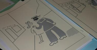 Dispositif d'aide à la visite à destination des personnes mal ou non voyantes. Page d'un livre illustré, transcrite en braille