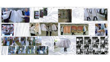 Ensemble de photographies couleur, qui montrent le travail des agents chargés des costumes dans un hôtel où les employés travaillent en costume de scène.