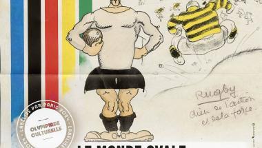 Affiche de l'exposition Le Monde ovale de Pierre Mac Orlan, le visuel reprend deux dessins de Gus Bofa : "Paysage sportif pour Pierre Mac Orlan" et "Rugby, dieu de l'action et de la force".