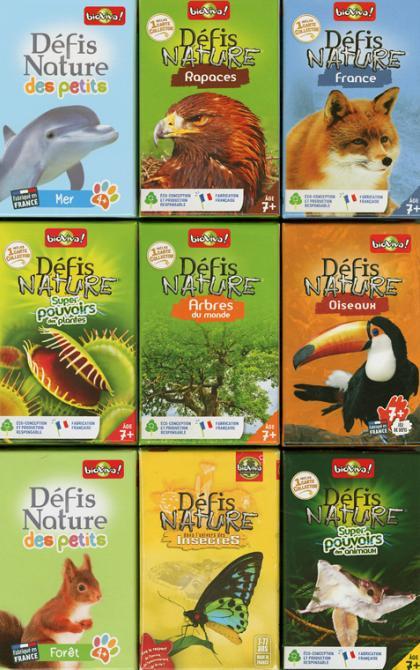 9 jeux de cartes "Défis Nature" présentant des animaux, des arbres et des plantes