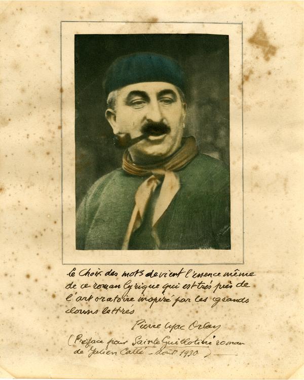 Portrait de Julien Callé, sous-titré d'un extrait de la préface de Pierre Mac Orlan pour le roman "Sainte Guillotine" de Julien Callé, écrit en 1930.