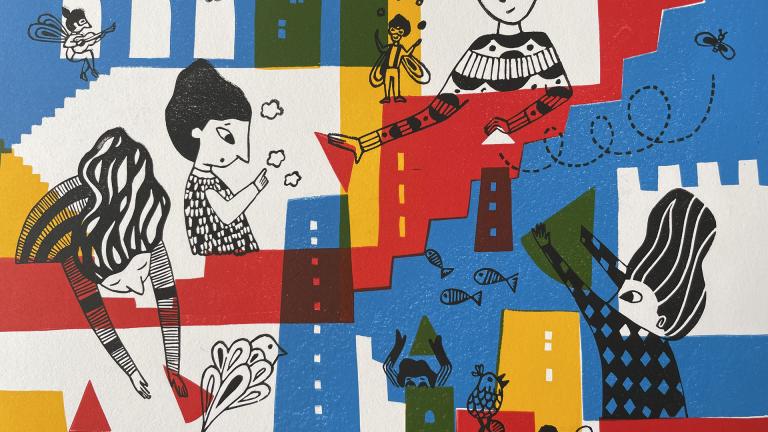 Tirage papier en couleur à partir de linogravure réalisée par Marie Poirier dans des tons rouge, jaune, bleu et vert.