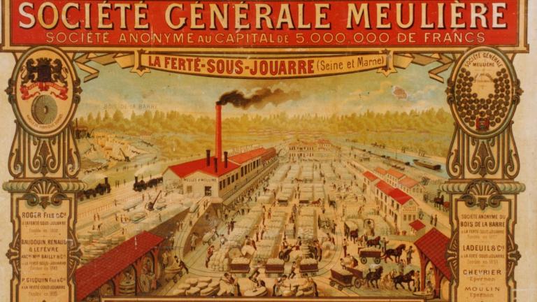 Détail d'un panneau publicitaire pour la Société Générale Meulière 