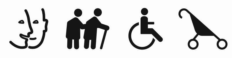 logos accessibilité : handicaps mental, moteur, mobilité ; poussette