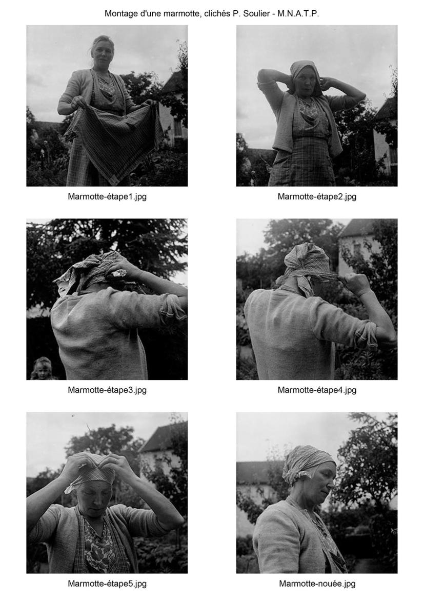 Planche de 6 photographies d'une femme faisant la démonstration du montage d'une marmotte, ou coiffe paysanne briarde.