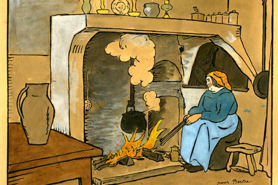 Dessin à l'encre et à la gouache représentant Berthe Luc, au coin de la cheminée dans la cuisine de la maison de Pierre Mac Orlan. elle surveille le feu et la marmite au-dessus du feu