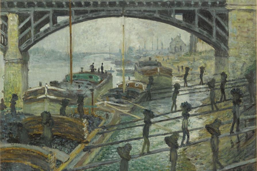 Tableau Les Déchargeurs de charbon de Claude Monet, prêt du Musée d'Orsay : déchargement du charbon à dos d'homme à partir de péniches sur les quais de la Seine près du pont ferroviaire d'Asnières