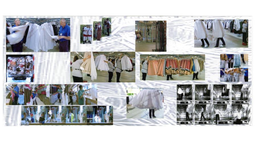 Ensemble de photographies couleur, qui montrent le travail des agents chargés des costumes dans un hôtel où les employés travaillent en costume de scène.