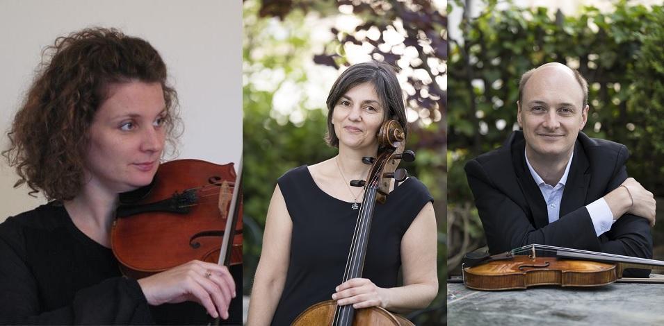 Trois photographies des membres du trio à cordes Arrezo , composé de deux violonistes et d'une violoncelliste